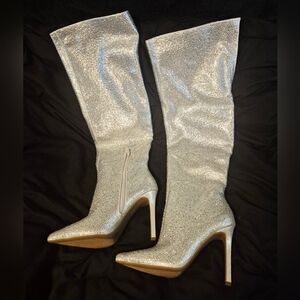 INC International Concepts Sparkly Silver High‎ Heeled Boots New Sz 5